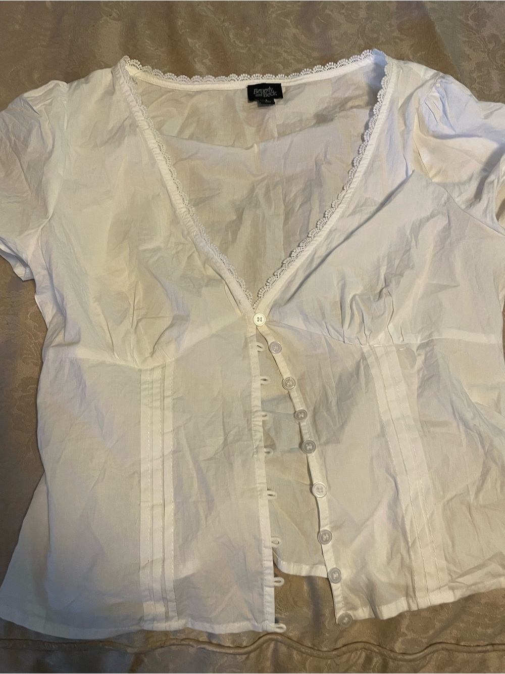 White Lace-Trim Button Front Women's Top Size Large BEVERLY AND BECK